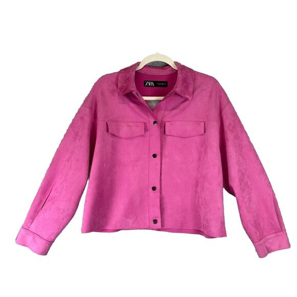 Zara Basic Jacket Women's XS Pink Faux Suede Long Sleeve Snap Front Barbie Biker - Picture 1 of 13
